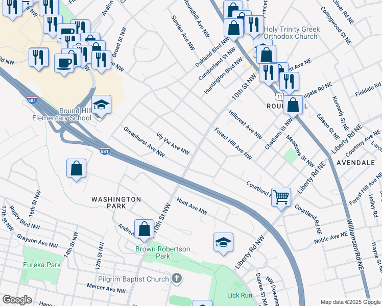 map of restaurants, bars, coffee shops, grocery stores, and more near 2204 10th Street Northwest in Roanoke