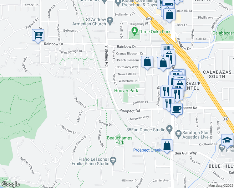 map of restaurants, bars, coffee shops, grocery stores, and more near 1553 Aster Lane in Cupertino