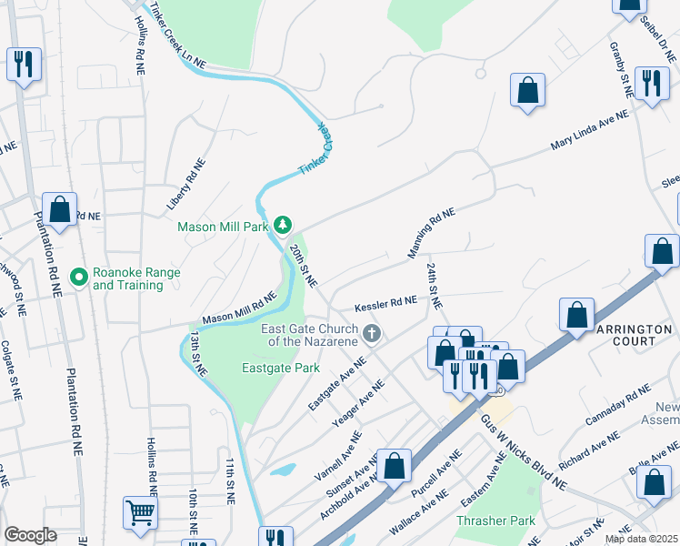 map of restaurants, bars, coffee shops, grocery stores, and more near 2130 Tinker Drive Northeast in Roanoke