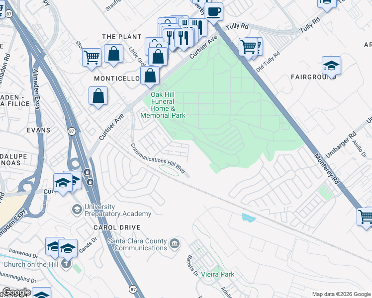map of restaurants, bars, coffee shops, grocery stores, and more near 2377 Azevedo Parkway in San Jose