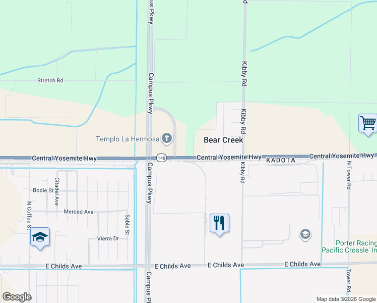 map of restaurants, bars, coffee shops, grocery stores, and more near California 140 in Merced