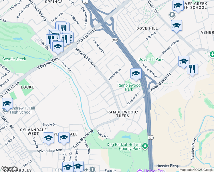 map of restaurants, bars, coffee shops, grocery stores, and more near 1189 Oakview Road in San Jose