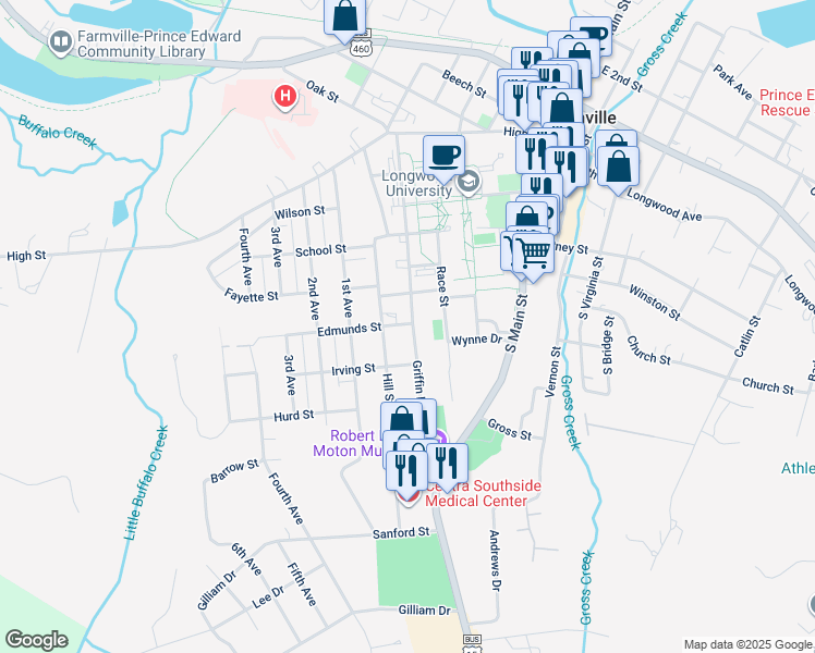 map of restaurants, bars, coffee shops, grocery stores, and more near 601 Griffin Boulevard in Farmville