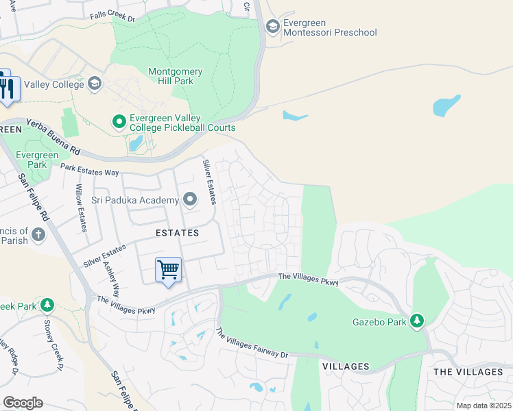 map of restaurants, bars, coffee shops, grocery stores, and more near 5471 Cribari Green in San Jose