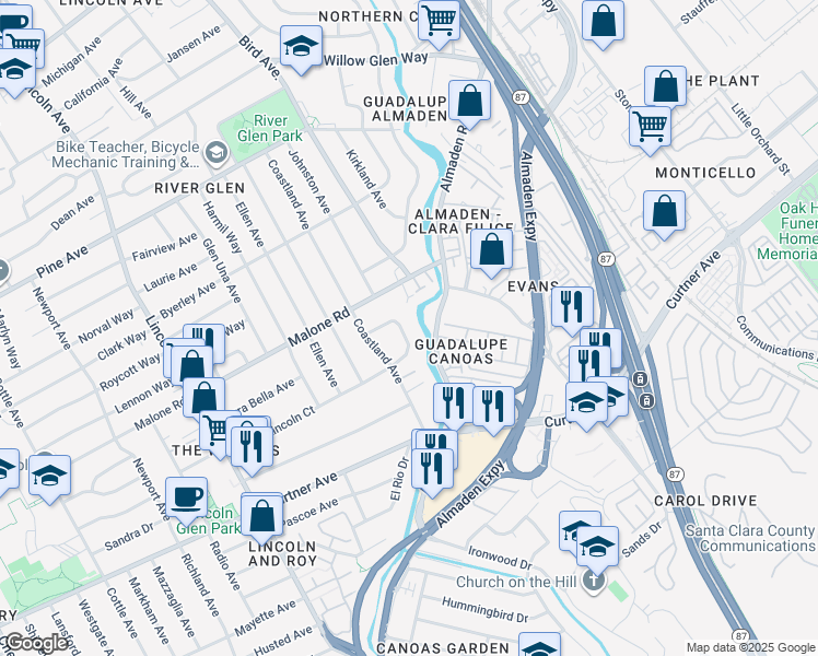 map of restaurants, bars, coffee shops, grocery stores, and more near 2114 Ardis Drive in San Jose