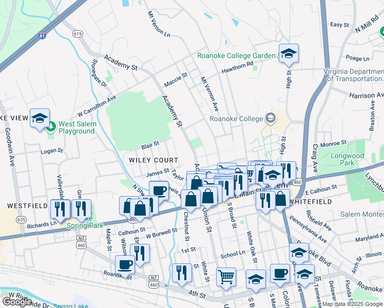 map of restaurants, bars, coffee shops, grocery stores, and more near 307 Academy Street in Salem