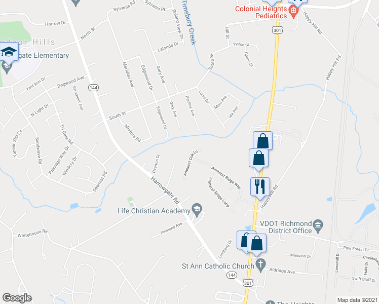 map of restaurants, bars, coffee shops, grocery stores, and more near 16642 Amherst Oak Lane in Colonial Heights