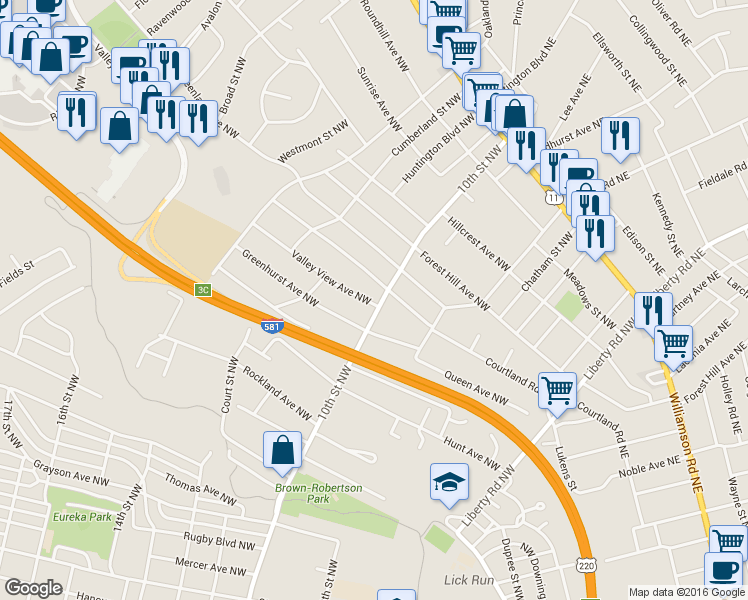 map of restaurants, bars, coffee shops, grocery stores, and more near 2204 10th Street Northwest in Roanoke