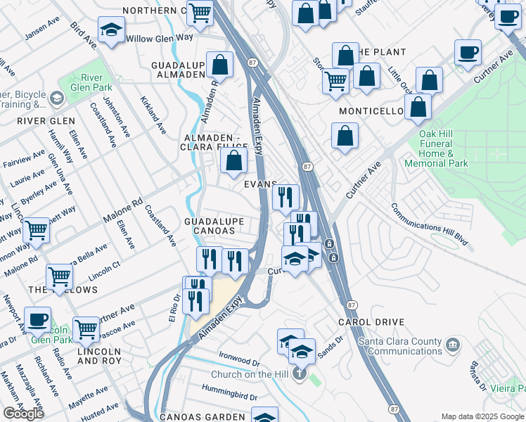 map of restaurants, bars, coffee shops, grocery stores, and more near Almaden Expressway in San Jose