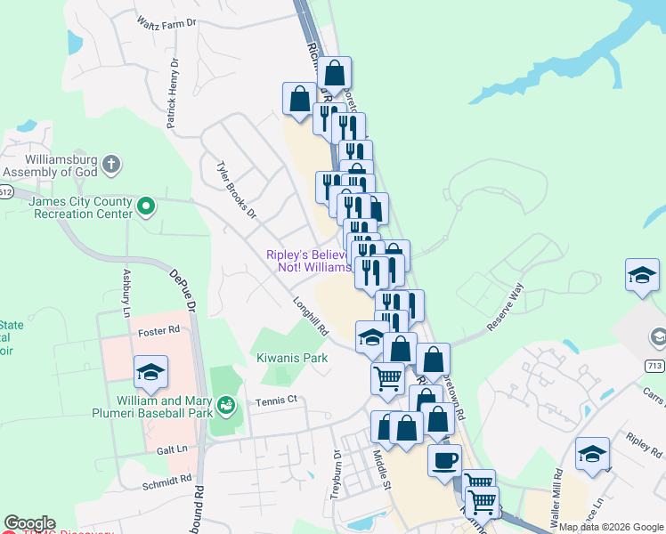 map of restaurants, bars, coffee shops, grocery stores, and more near 118 Thomas Nelson Lane in Williamsburg