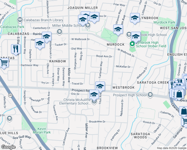 map of restaurants, bars, coffee shops, grocery stores, and more near 6089 Wellfleet Way in San Jose