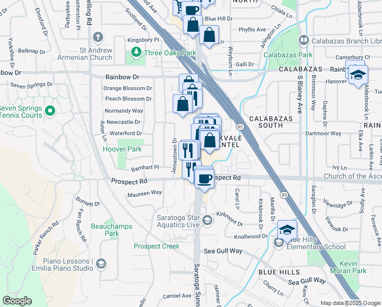 map of restaurants, bars, coffee shops, grocery stores, and more near 1581 South De Anza Boulevard in Cupertino