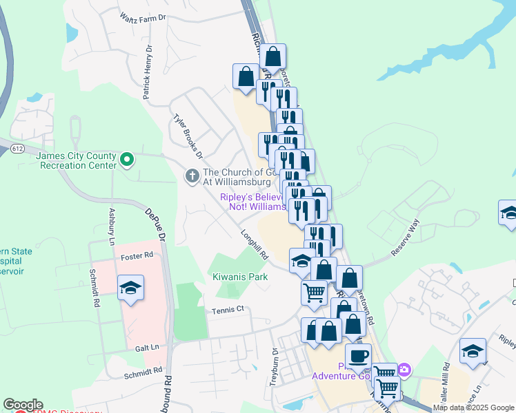 map of restaurants, bars, coffee shops, grocery stores, and more near 111 Thomas Nelson Lane in Williamsburg