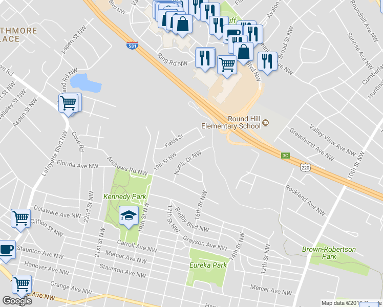 map of restaurants, bars, coffee shops, grocery stores, and more near 1614 Norris Drive Northwest in Roanoke