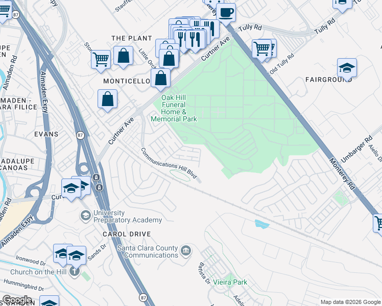 map of restaurants, bars, coffee shops, grocery stores, and more near 347 Bella Ridge Terrace in San Jose