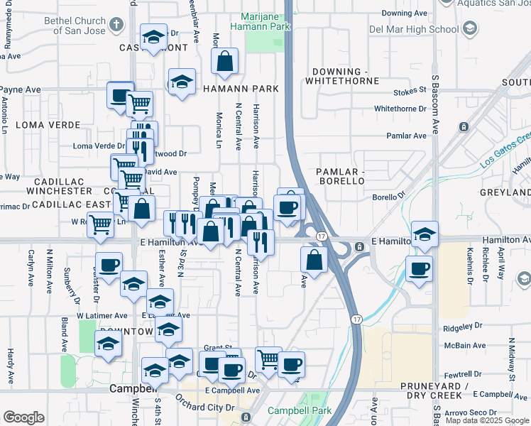map of restaurants, bars, coffee shops, grocery stores, and more near 601 Almarida Drive in Campbell