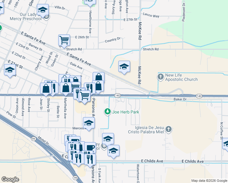 map of restaurants, bars, coffee shops, grocery stores, and more near 1909 Kelly Avenue in Merced