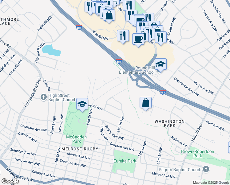 map of restaurants, bars, coffee shops, grocery stores, and more near 1614 Norris Drive Northwest in Roanoke