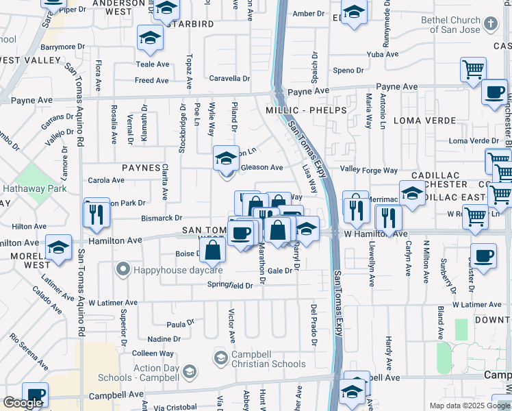 map of restaurants, bars, coffee shops, grocery stores, and more near 613 Marathon Drive in Campbell