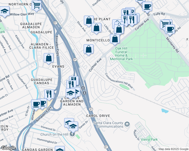 map of restaurants, bars, coffee shops, grocery stores, and more near 553 Mill Pond Drive in San Jose