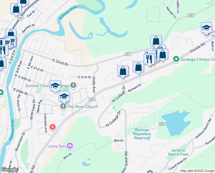 map of restaurants, bars, coffee shops, grocery stores, and more near 1221 Galaxy Drive in Durango