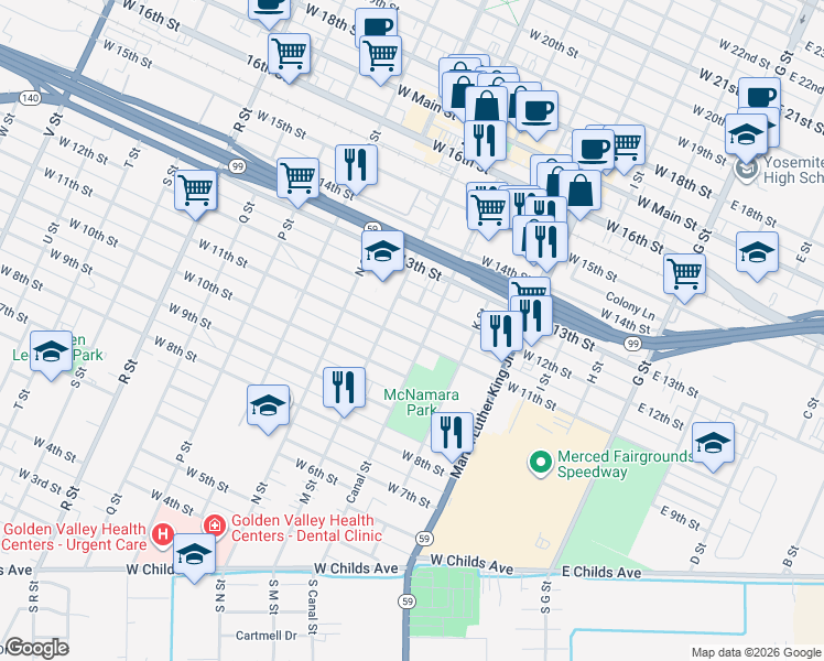 map of restaurants, bars, coffee shops, grocery stores, and more near 546 West 12th Street in Merced