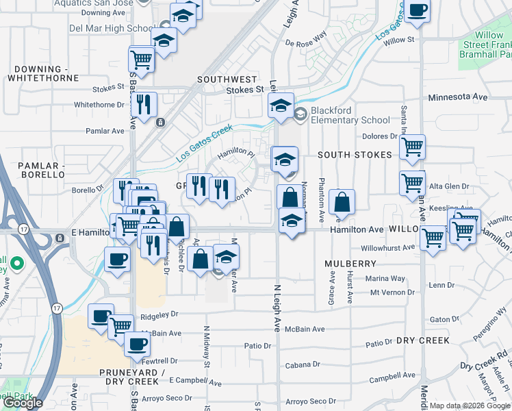 map of restaurants, bars, coffee shops, grocery stores, and more near 1657 Braddock Court in San Jose