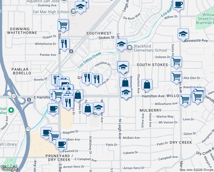 map of restaurants, bars, coffee shops, grocery stores, and more near 1657 Braddock Court in San Jose
