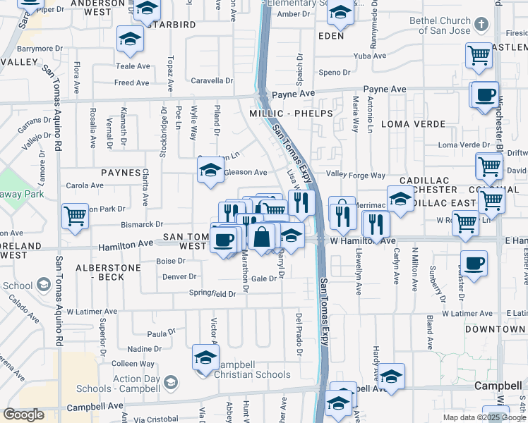 map of restaurants, bars, coffee shops, grocery stores, and more near 3610 Mona Way in San Jose