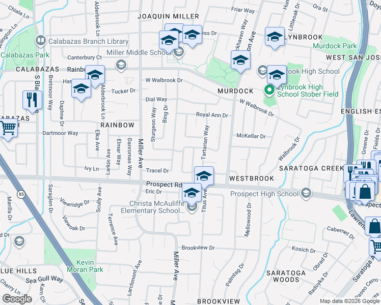 map of restaurants, bars, coffee shops, grocery stores, and more near 6089 Wellfleet Way in San Jose