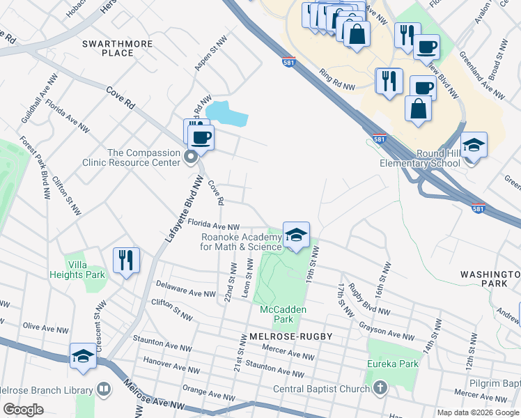 map of restaurants, bars, coffee shops, grocery stores, and more near 2115 Andrews Road Northwest in Roanoke