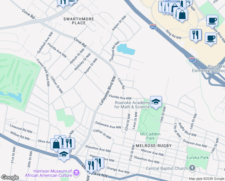 map of restaurants, bars, coffee shops, grocery stores, and more near 1529 Lafayette Blvd NW in Roanoke