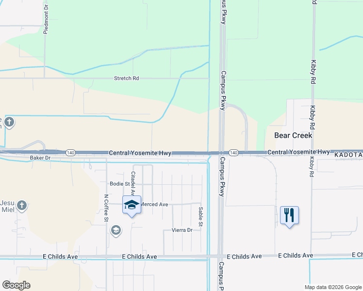 map of restaurants, bars, coffee shops, grocery stores, and more near 3370 California 140 in Merced