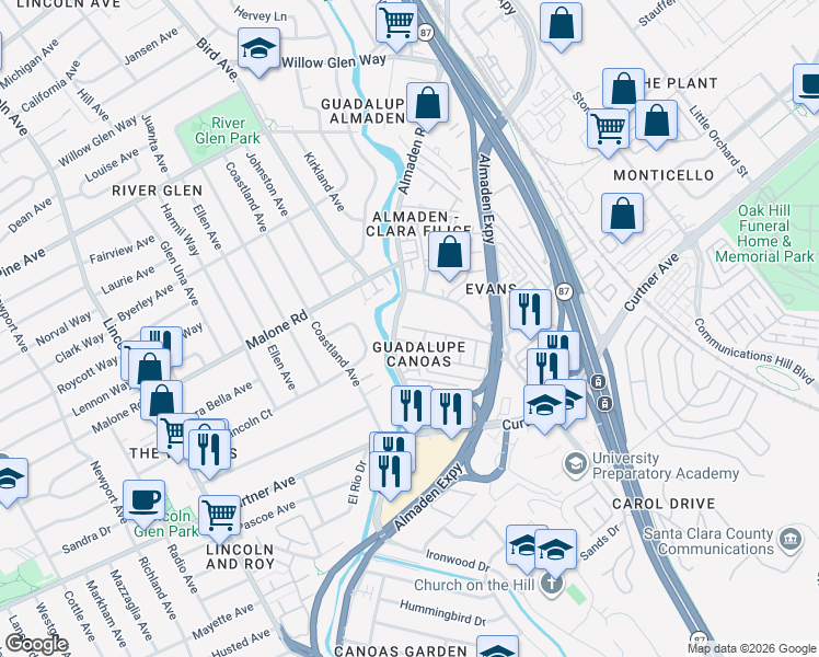 map of restaurants, bars, coffee shops, grocery stores, and more near 2102 Almaden Road in San Jose