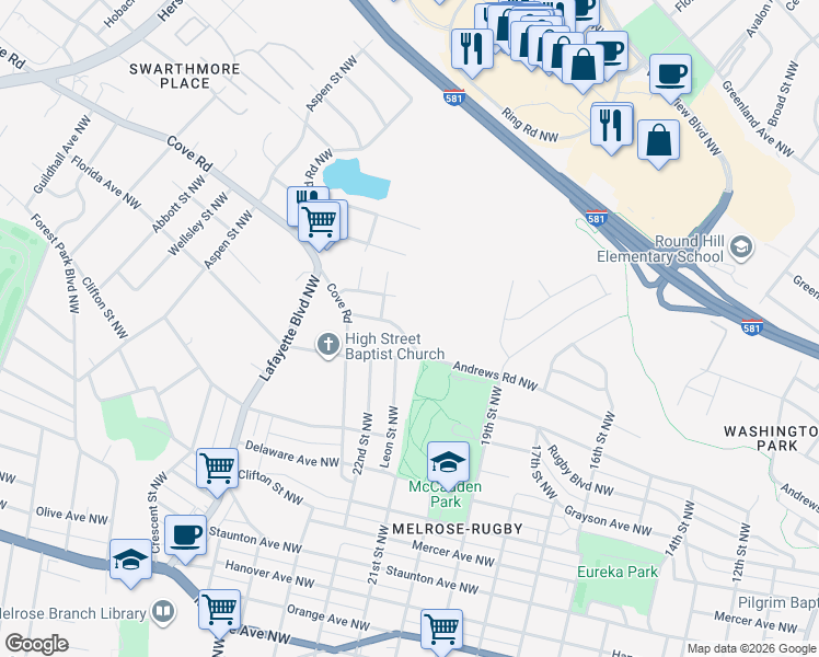 map of restaurants, bars, coffee shops, grocery stores, and more near 2115 Andrews Road Northwest in Roanoke