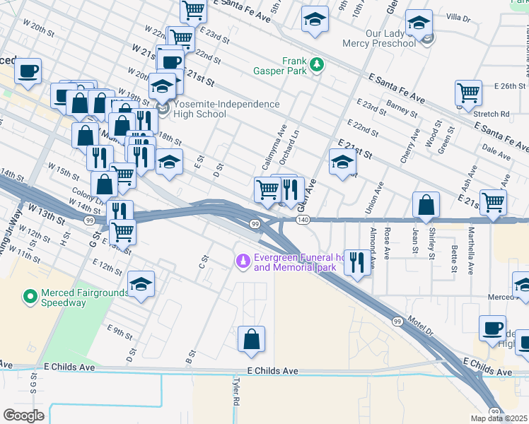 map of restaurants, bars, coffee shops, grocery stores, and more near 1644 Orchard Lane in Merced