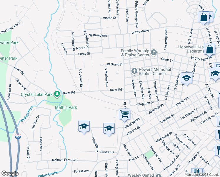 map of restaurants, bars, coffee shops, grocery stores, and more near 3015 River Road in Hopewell