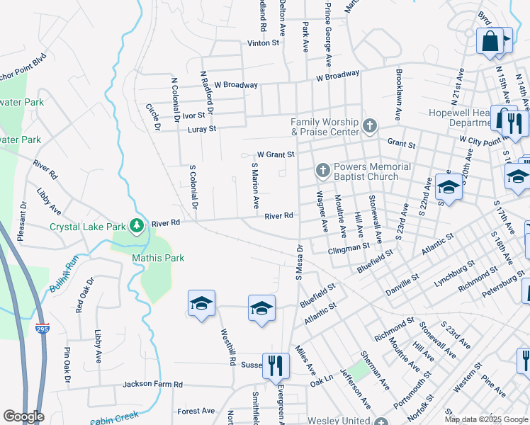 map of restaurants, bars, coffee shops, grocery stores, and more near 3015 River Road in Hopewell