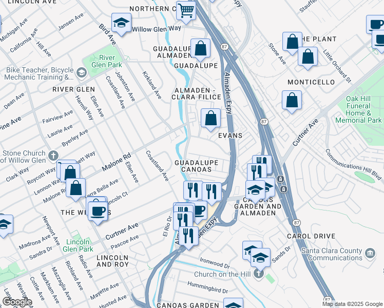 map of restaurants, bars, coffee shops, grocery stores, and more near 2150 Almaden Road in San Jose