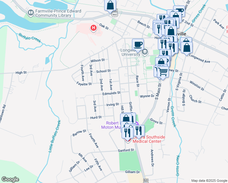 map of restaurants, bars, coffee shops, grocery stores, and more near 510 1st Avenue in Farmville