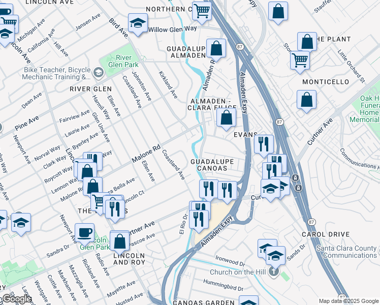 map of restaurants, bars, coffee shops, grocery stores, and more near 2114 Ardis Drive in San Jose