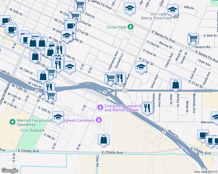 map of restaurants, bars, coffee shops, grocery stores, and more near 1644 Orchard Lane in Merced