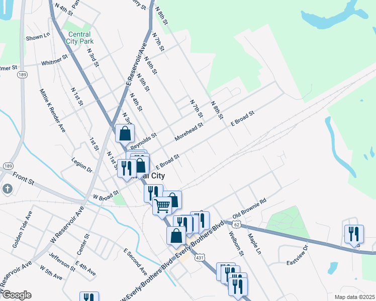map of restaurants, bars, coffee shops, grocery stores, and more near 516 East Broad Street in Central City