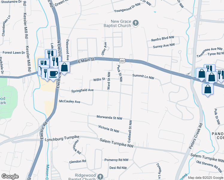 map of restaurants, bars, coffee shops, grocery stores, and more near 5127 Springfield Avenue Northwest in Roanoke