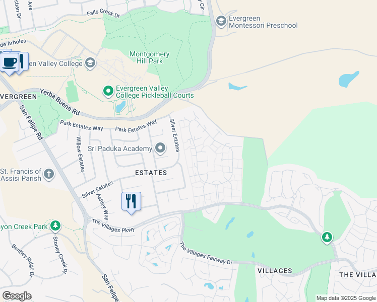 map of restaurants, bars, coffee shops, grocery stores, and more near 5403 Cribari Court in San Jose