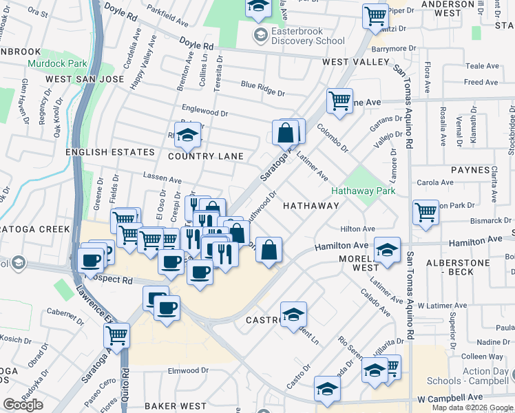 map of restaurants, bars, coffee shops, grocery stores, and more near 11841 Southwood Drive in Saratoga