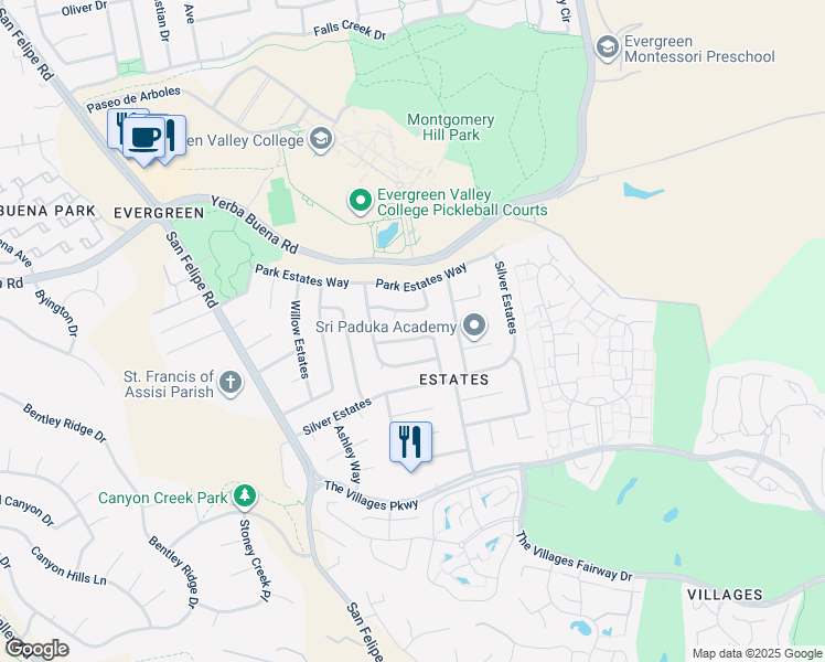 map of restaurants, bars, coffee shops, grocery stores, and more near 5274 Sunny Orchard Lane in San Jose