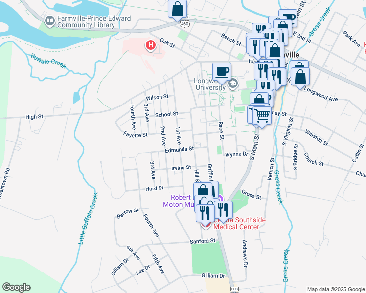map of restaurants, bars, coffee shops, grocery stores, and more near 510 1st Avenue in Farmville