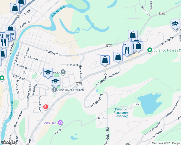 map of restaurants, bars, coffee shops, grocery stores, and more near 1221 Galaxy Drive in Durango
