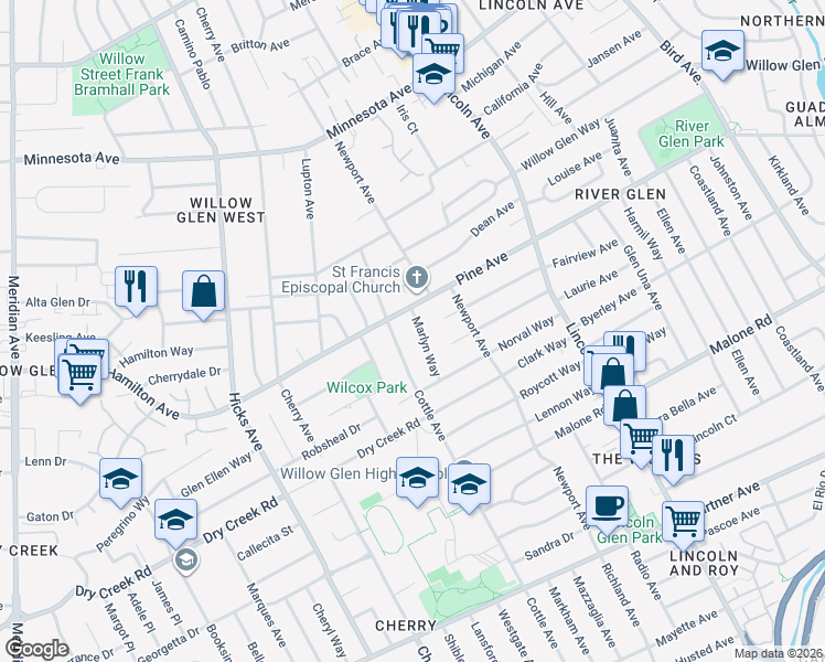 map of restaurants, bars, coffee shops, grocery stores, and more near 1727 Marlyn Way in San Jose